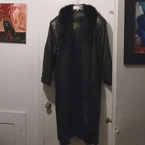 Black leather coat with fox collar